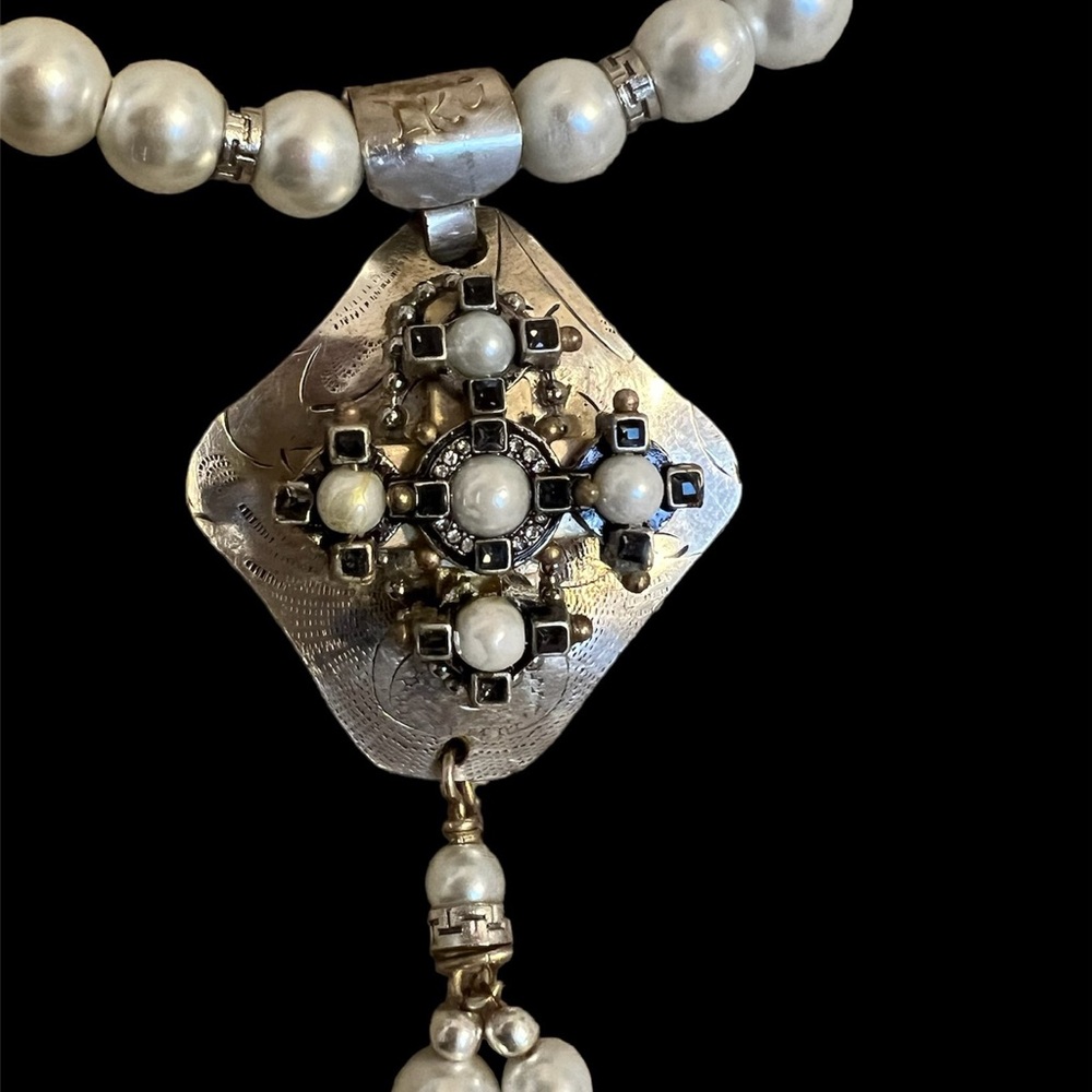 LINKAGE JEWELRY faux pearl and sterling silver necklace with cross